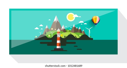 Abstract Vector Picture of Island with Hills and Lighthouse. Flat Design Landscape.