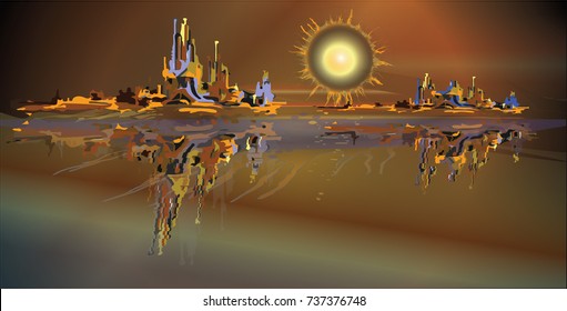 Abstract vector picture, simulation oil painting. Sun, mountain, sea.