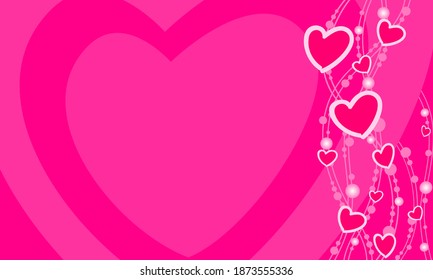 Abstract vector pink background with hearts, wavy lines and circles.  Card with Valentine's Day flat symbols.