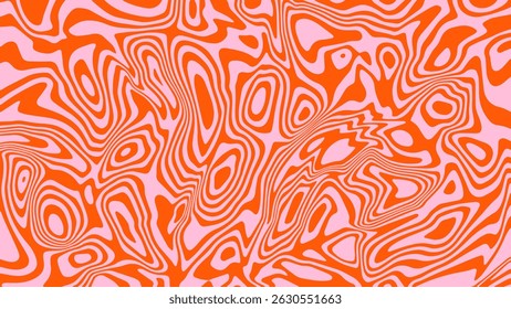 Abstract vector pink background psychedelic wave line pattern. Orange wavy liquid ripple texture in retro groovy design style.