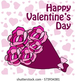 Abstract vector pink card with hearts and roses on Valentine's Day