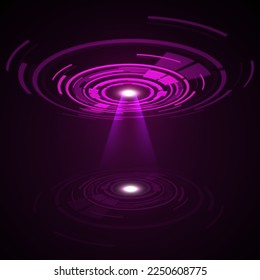 Abstract vector pink hologram futuristic circle background. High tech and Sci-fi technology design with round shape pattern and beam lights.