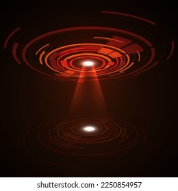 Abstract vector pink hologram futuristic circle background. High tech and Sci-fi technology design with round shape pattern and beam lights.