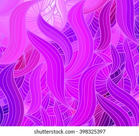 Abstract vector pink wave background of doodle hand drawn lines. Colorful floral pattern.