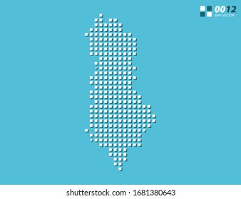 Mapa abstracto de píxel vectorial blanco de Albania. Azul de semitono organizado en capas para una edición sencilla.