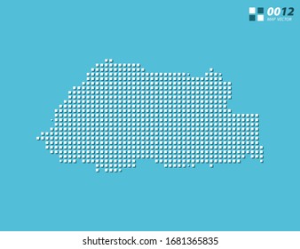 Mapa abstracto de píxel vectorial blanco de Bután. Azul de semitono organizado en capas para una edición sencilla.