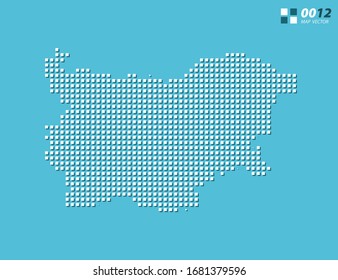 Mapa abstracto de píxel vectorial blanco de Bulgaria. Azul de semitono organizado en capas para una edición sencilla.