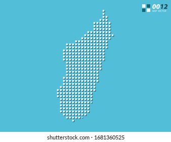 Mapa abstracto de píxel vectorial blanco de Madagascar. Azul de semitono organizado en capas para una edición sencilla.