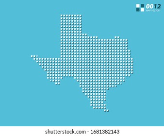Mapa abstracto de píxel vectorial blanco de Texas. Azul de semitono organizado en capas para una edición sencilla.