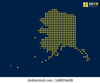 Mapa de píxeles vectoriales abstractos amarillo de Alaska. Fondo azul oscuro de medio tono para una edición sencilla.