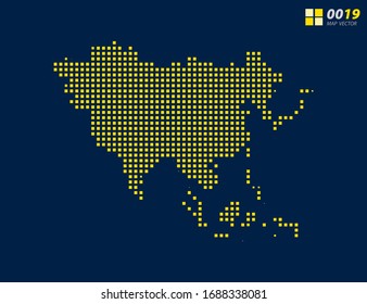 Abstract vector pixel yellow of Asia map. Halftone dark blue background for easy editing.
