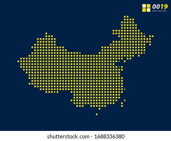 Abstract vector pixel yellow of China map. Halftone dark blue background for easy editing.