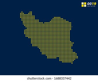 Mapa abstracto de píxeles vectoriales amarillos de Irán. Fondo azul oscuro de medio tono para una edición sencilla.
