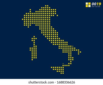 Mapa abstracto de píxeles vectoriales amarillos de Italia. Fondo azul oscuro de medio tono para una edición sencilla.