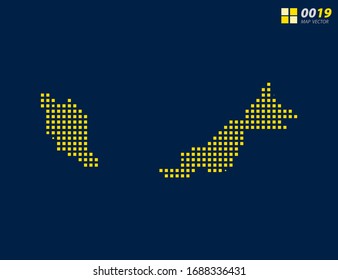 Mapa abstracto de píxeles vectoriales amarillos de Malasia. Fondo azul oscuro de medio tono para una edición sencilla.