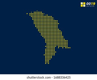 Mapa del píxel vector abstracto amarillo de Moldavia. Fondo azul oscuro de medio tono para una edición sencilla.