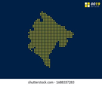 Mapa abstracto de píxel amarillo de Montenegro. Fondo azul oscuro de medio tono para una edición sencilla.