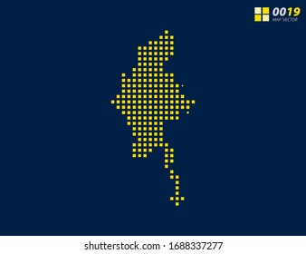 Mapa abstracto de píxeles vectoriales amarillos de Myanmar. Fondo azul oscuro de medio tono para una edición sencilla.