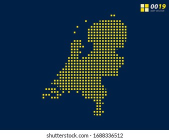 Mapa del vector abstracto amarillo de Holanda. Fondo azul oscuro de medio tono para una edición sencilla.