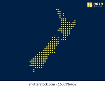 Abstract vector pixel yellow of New Zealand map. Halftone dark blue background for easy editing.