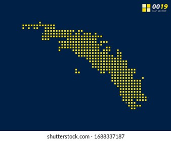 Mapa abstracto de píxel amarillo en South Georgia. Fondo azul oscuro de medio tono para una edición sencilla.