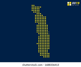 Mapa abstracto de píxel amarillo del Togo. Fondo azul oscuro de medio tono para una edición sencilla.