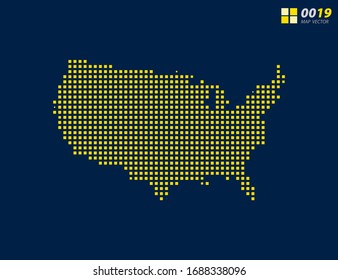 Abstract vector pixel yellow of United States of America (USA) map. Halftone dark blue background for easy editing.