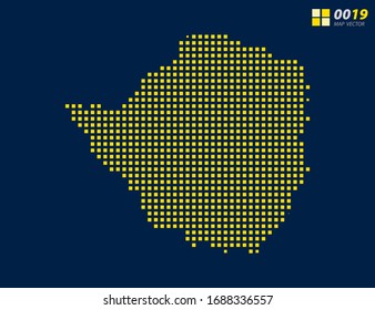 Espectro abstracto amarillo píxel amarillo del mapa de Zimbabue. Fondo azul oscuro de medio tono para una edición sencilla.