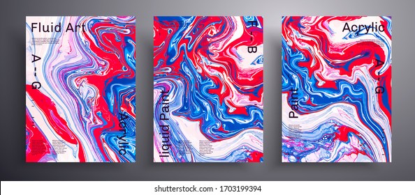 Abstract Vector Placard, Collection Of Modern Fluid Art Covers. Trendy Background That Can Be Used For Design Cover, Invitation, Flyer And Etc. Red, Blue And White Unusual Creative Surface Template