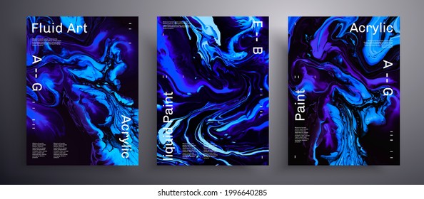Abstract vector placard, pack of modern design fluid art covers. Trendy background that applicable for design cover, poster, brochure and etc. Purple, blue and black creative iridescent artwork.
