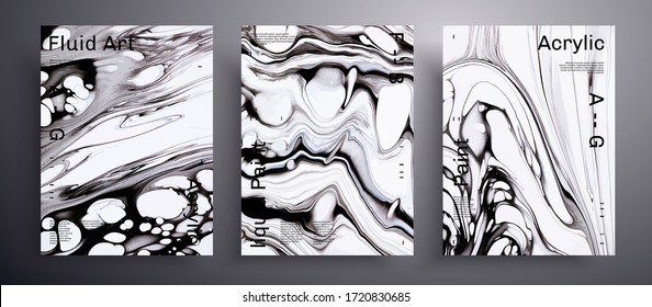 Pancarta abstracta vectorial, conjunto de modernas tapas de arte fluido de diseño. Fondo artístico aplicable a la cubierta de diseño, póster, folleto, etc. Plantilla de superficie creativa inusual en blanco y negro