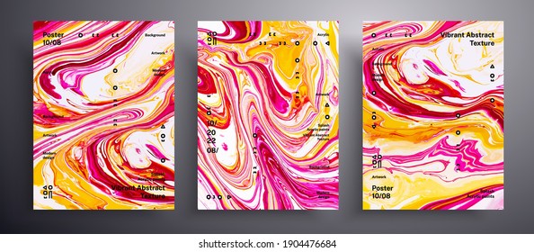 Abstract vector placard, set of modern design fluid art covers. Trendy background that can be used for design cover, invitation, presentation and etc. Pink, yellow and red creative iridescent artwork.
