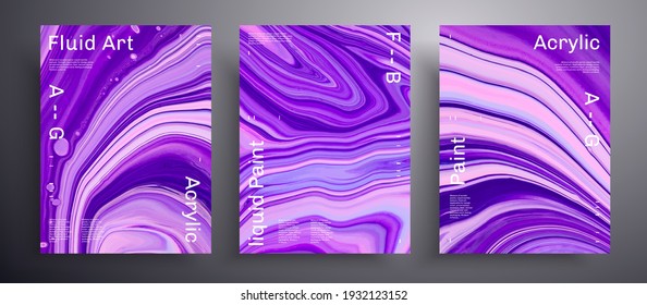 Abstract vector placard, set of modern design fluid art covers. Trendy background that can be used for design cover, invitation, flyer and etc. Purple, pink and navy blue creative iridescent artwork.