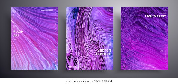Abstract vector placard, texture pack of fluid art covers. Artistic background that can be used for design cover, poster, brochure and etc. Purple, blue and white universal trendy painting backdrop