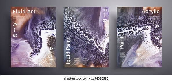 Abstract vector placard, texture pack of fluid art covers. Trendy background that can be used for design cover, invitation, flyer and etc. Purple, brown and white unusual creative surface template