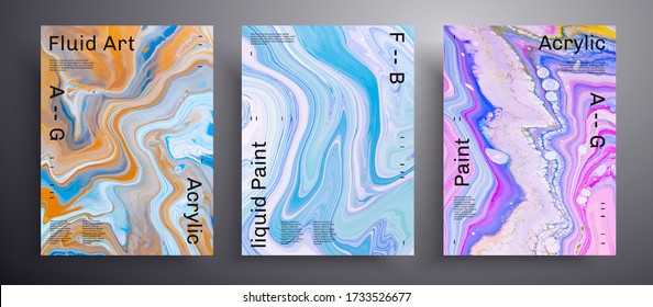 Abstract vector placard, texture pack of fluid art covers. Artistic background that applicable for design cover, poster, brochure and etc. Blue, pink and orange unusual creative surface template