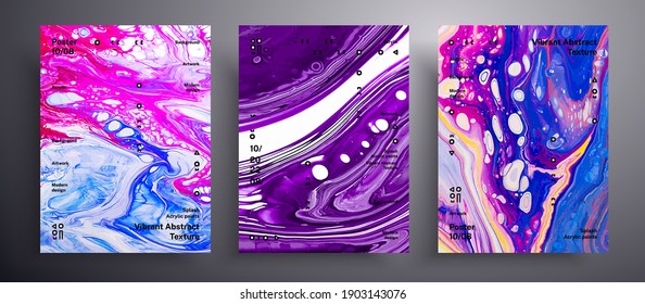 Abstract vector placard, texture pack of fluid art covers. Artistic background that applicable for design cover, poster, brochure and etc. Pink, blue and purple unusual creative surface template.