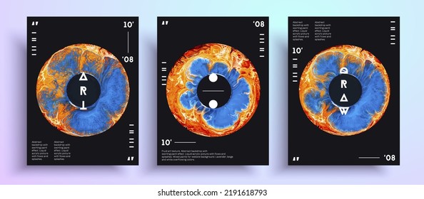 Abstract vector placard, texture pack of fluid art covers. Artistic background that can be used for design cover, poster, brochure and etc. Black, orange and blue unusual creative artistic template.