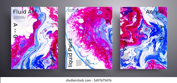 Abstract vector placard, texture set of fluid art covers. Beautiful background that applicable for design cover, invitation, flyer and etc. Pink, blue and white universal trendy painting backdrop