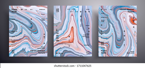 Abstract vector placard, texture set of fluid art covers. Trendy background that applicable for design cover, poster, brochure and etc. Blue, golden, red and white creative iridescent artwork
