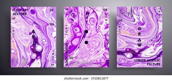 Abstract vector placard, texture set of fluid art covers. Artistic background that can be used for design cover, invitation, presentation and etc. Lavender and white creative iridescent artwork.