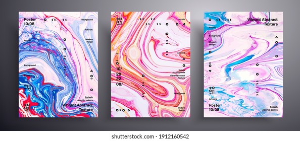 Abstract vector placard, texture set of fluid art covers. Beautiful background that can be used for design cover, invitation, presentation and etc. Pink, blue and orange creative iridescent artwork.