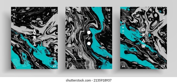 Abstract vector placard, texture set of fluid art covers. Trendy background that applicable for design cover, invitation, presentation and etc. Black, blue and white creative iridescent artwork.