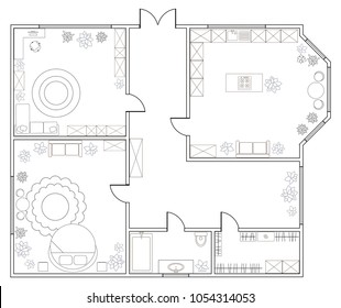 Abstract vector plan of one-bedroom apartment, with kitchen, bathroom,  bedroom, living room, dining room, library. EPS8