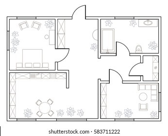 Abstract vector plan of one-bedroom apartment, with kitchen, bathroom, laundry room, bedroom, living room, dining room