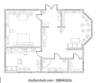 Abstract vector plan of one-bedroom apartment, with kitchen, bathroom, laundry room, bedroom, living room, dining room