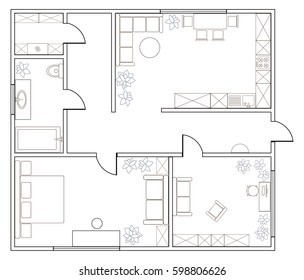 Abstract vector plan of one-bedroom apartment, with kitchen, bathroom, laundry room, bedroom, living room, dining room