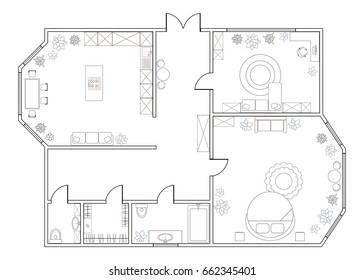 Abstract vector plan of one-bedroom apartment, with kitchen, bathroom,  bedroom, living room, dining room, library. EPS8