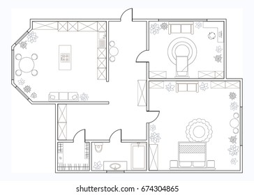 Abstract vector plan of one-bedroom apartment, with kitchen, bathroom,  bedroom, living room, dining room, library. EPS8