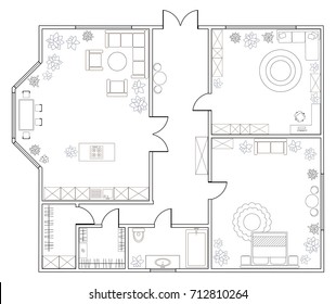 Abstract vector plan of one-bedroom apartment, with kitchen, bathroom,  bedroom, living room, dining room, library. EPS8